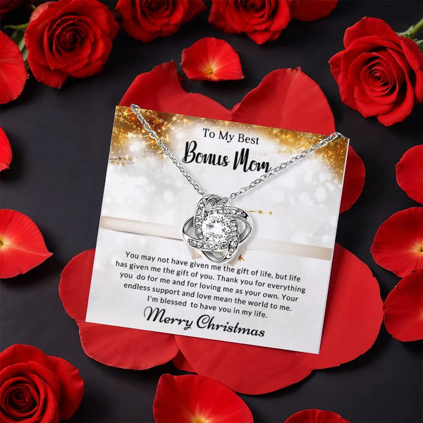 Stepmom Crystal Necklace, Bonus Mom Love Knot Necklace, CZ Knot Pendant, Rotating Rose Gift Box, Christmas Jewelry Present fo