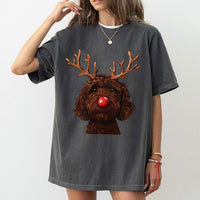 Humorous Holiday Dog Shirt, Chocolate Doodle Reindeer T-Shirt, Labradoodle Christmas Tee, Adorable Pet Lover Graphic T-Shirt, Doodle Mom Present
