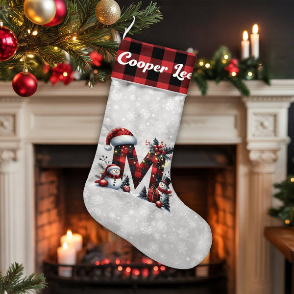 Snowman Buffalo Plaid Stocking, Personalized Monogram M Christmas Stocking, Custom Initial Holiday Stocking, Velboa Mantle De