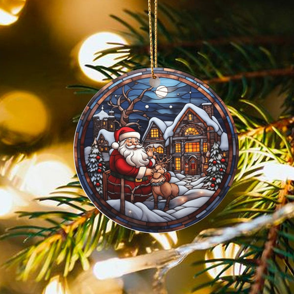 Snowy Village Christmas Ornament, Stained Glass Santa Claus Ornament, Ceramic Winter Holiday Tree Decor, Traditional Santa Ke