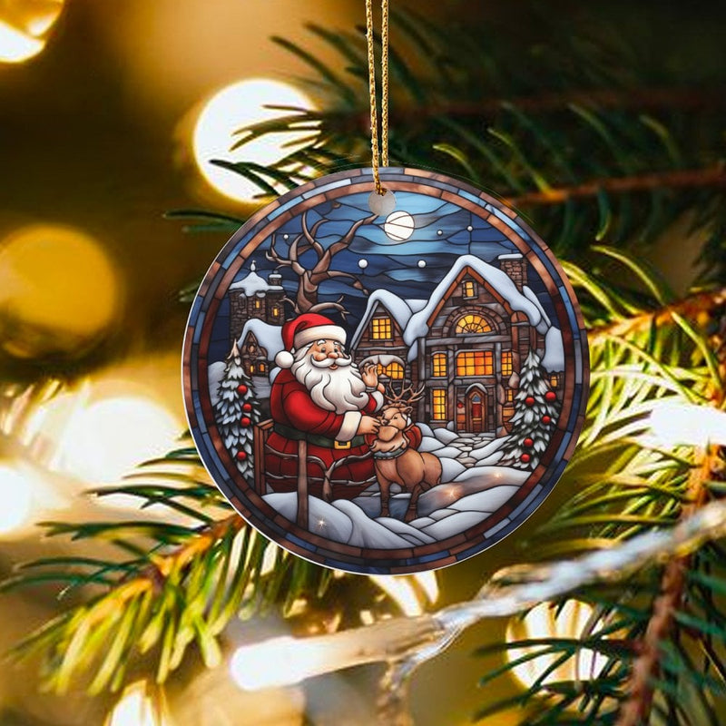 Snowy Village Christmas Ornament, Stained Glass Santa Claus Ornament, Ceramic Winter Holiday Tree Decor, Traditional Santa Keepsake Present