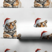 Watercolor Tiger Gift Wrap, Tiger Cub Christmas Wrapping Paper, Santa Hat Animal Wrapping Paper, Adorable Holiday Gift Wrap Roll