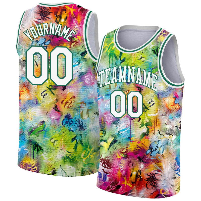 Custom Basketball Jersey - Scratch Graffiti Pattern White-Kelly Green 3D Authentic