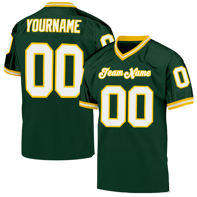 Custom Football Jersey - Green White-Gold Mesh Authentic Throwback