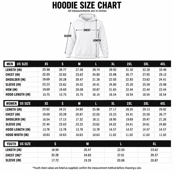 Hoodie size guide - measurements in inches