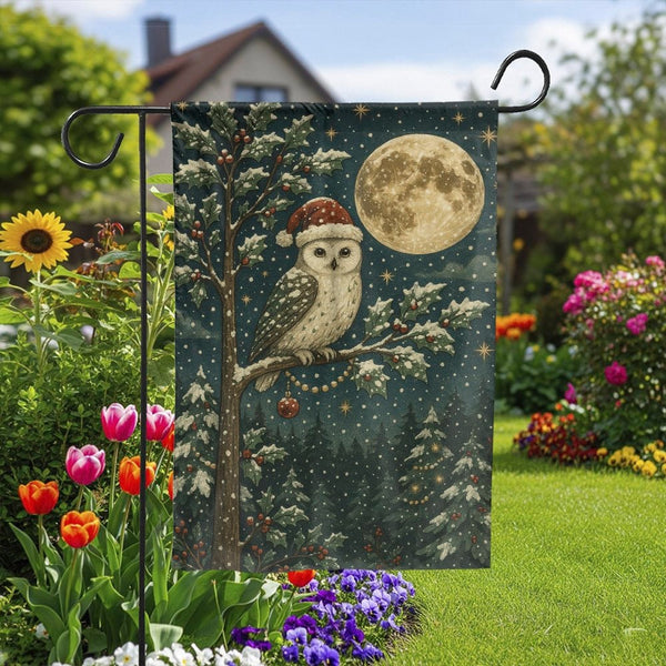 Santa Hat Winter Bird Yard Flag, Vintage Christmas Snowy Owl Garden Flag, Rustic Holiday Lawn Banner, Seasonal Xmas Outdoor P