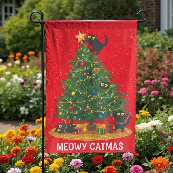 Black Cats Christmas Tree Holiday Yard Flag, Meowy Catmas Garden Flag, Winter Season Lawn Banner, Cat Lover Porch Decor Prese