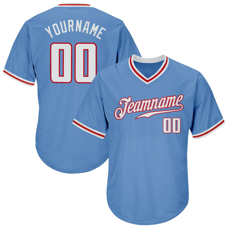 Custom Baseball Jersey - Light Blue White-Red Authentic Throwback Rib-Knit