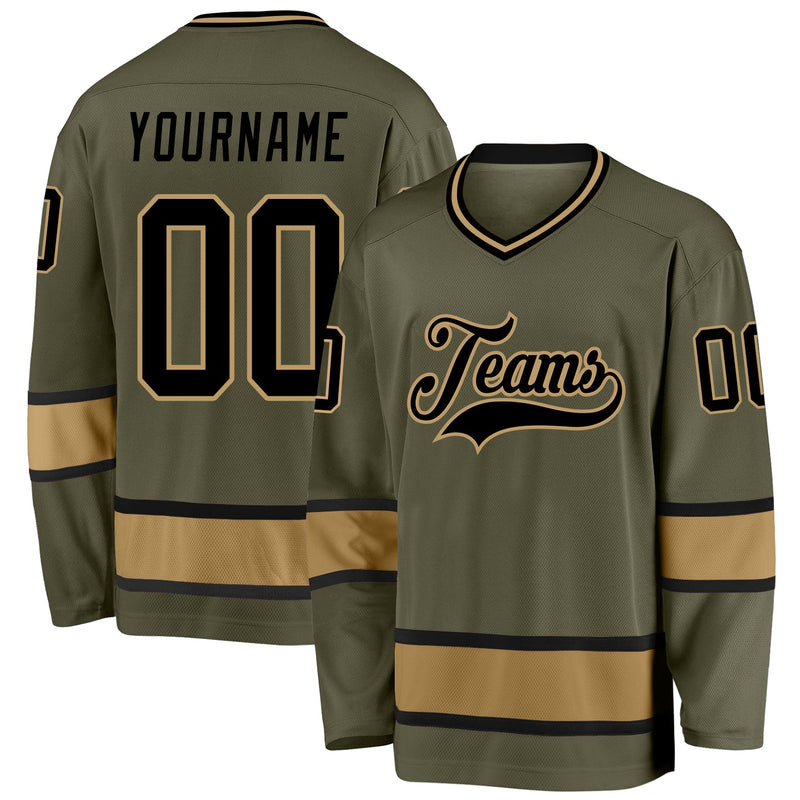 Custom Hockey Jersey - Olive Black-Old Gold Salute To Service