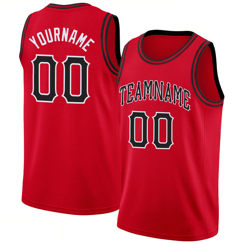 Custom Basketball Jersey - Red Black-White Round Neck Rib-Knit