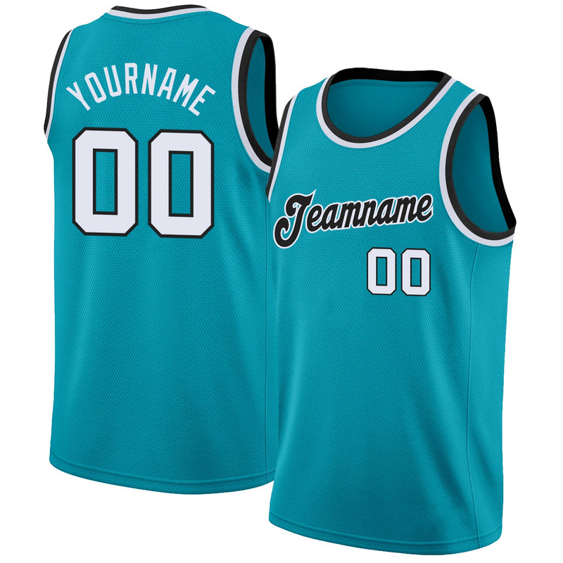 Custom Basketball Jersey - Teal White-Black Round Neck Rib-Knit