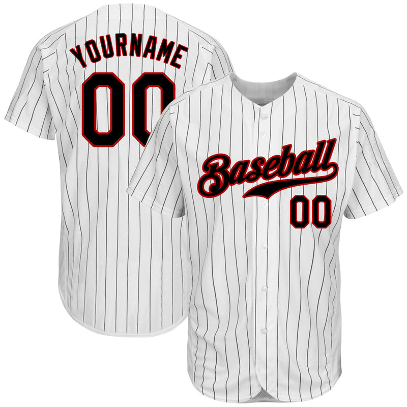 Custom Baseball Jersey - White Black Pinstripe Black-Red Authentic