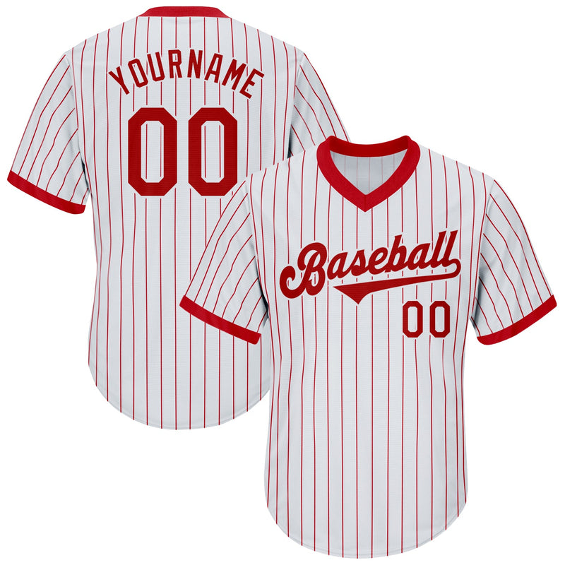 Custom Baseball Jersey - White Red Pinstripe Red-White Authentic Throwback Rib-Knit