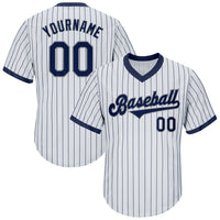 Custom Baseball Jersey - White Navy Pinstripe Navy-Gray Authentic Throwback Rib-Knit