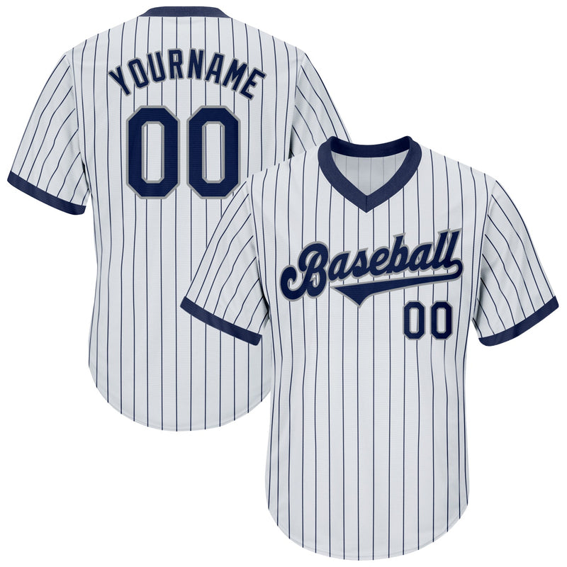 Custom Baseball Jersey - White Navy Pinstripe Navy-Gray Authentic Throwback Rib-Knit