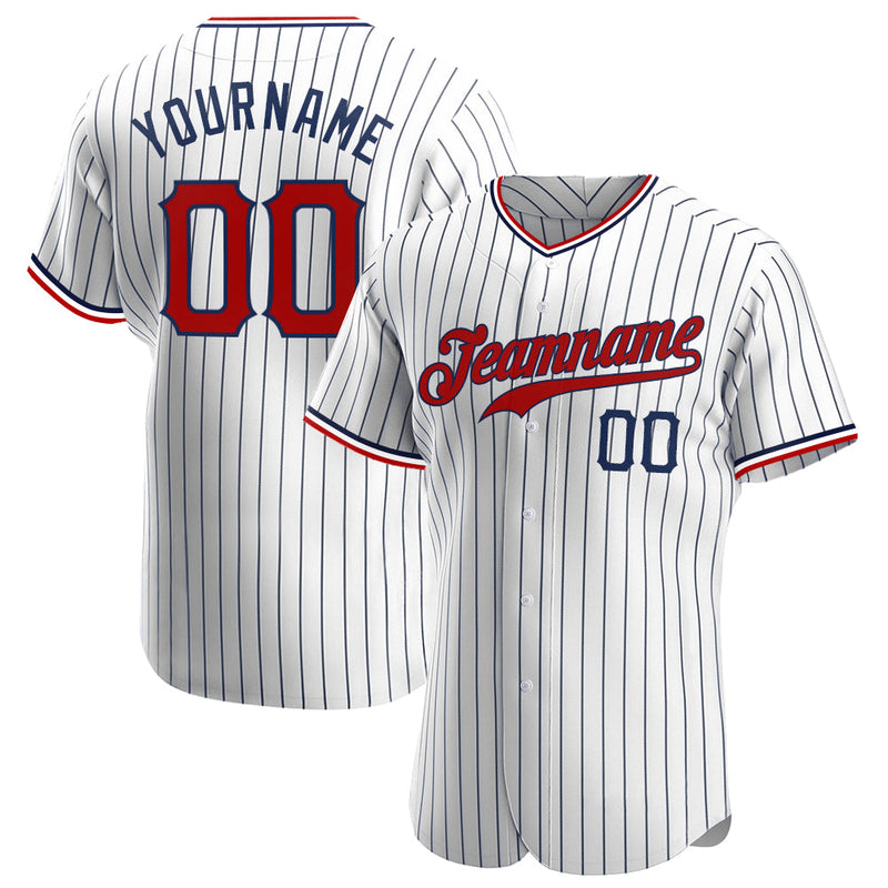 Custom Baseball Jersey - White Navy Pinstripe Red-Navy Authentic