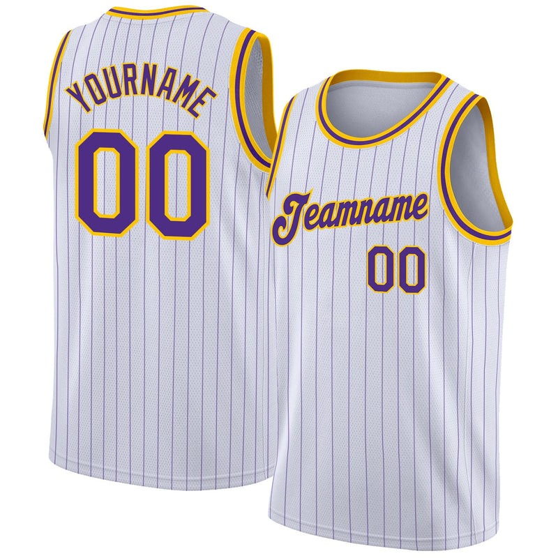 Custom Basketball Jersey - White Purple Pinstripe Purple-Gold Authentic